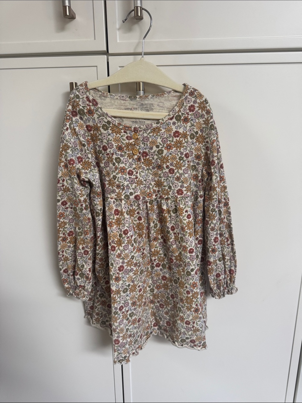 Girls Floral Long-Sleeve Peasant Dress - Cream Multi